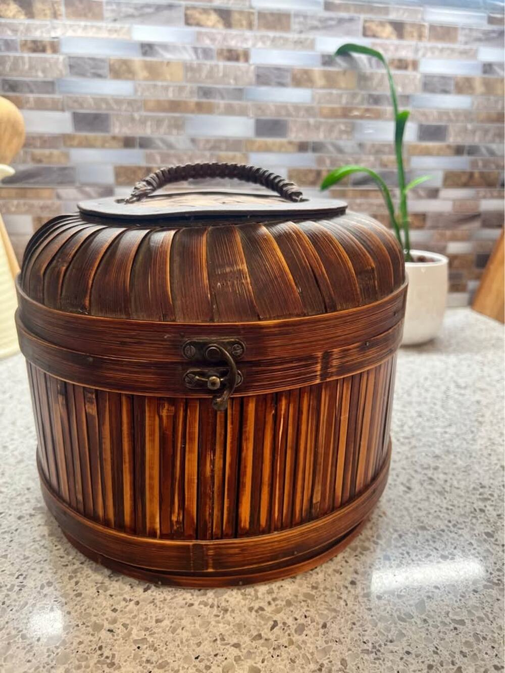 Vintage Woven Bamboo Lidded Basket – Sculptural Storage | Boho / Organic Modern
